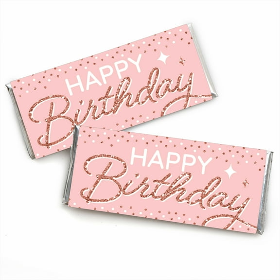 Big Dot of Happiness Pink Rose Gold Birthday - Candy Bar Wrapper Happy Birthday Party Favors - Set of 24