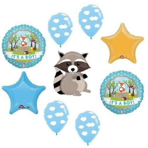RACCOON Woodland Animals It's a BOY Welcome Baby Shower Party Mylar Balloons Set