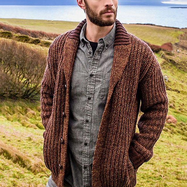 Cárdigan de otoño e invierno para hombre, suéter de punto ajustado de manga larga de color sólido, suéter para hombre