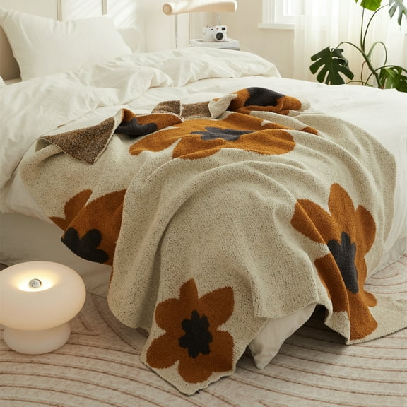 YIRUIO Orange Large Floral Crochet Home Decor Soft Microfiber Adult Fluffy Knitted Throws 47*59 inch 2LB