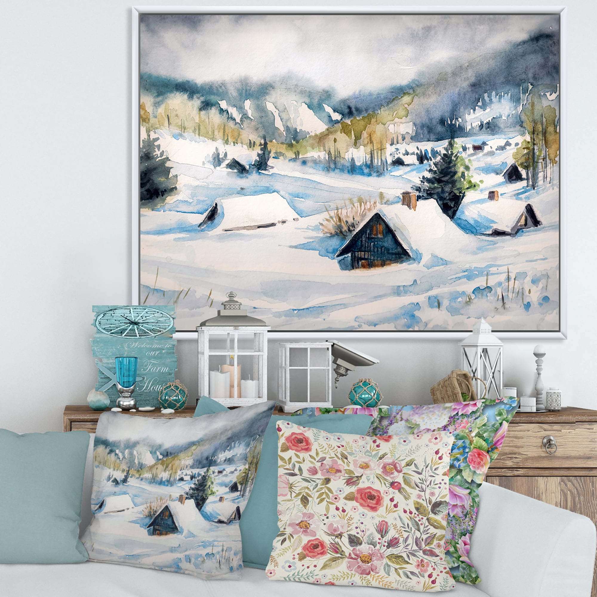 Designart 'Winter In Mountain Village' Traditional Framed Canvas Wall Art Print