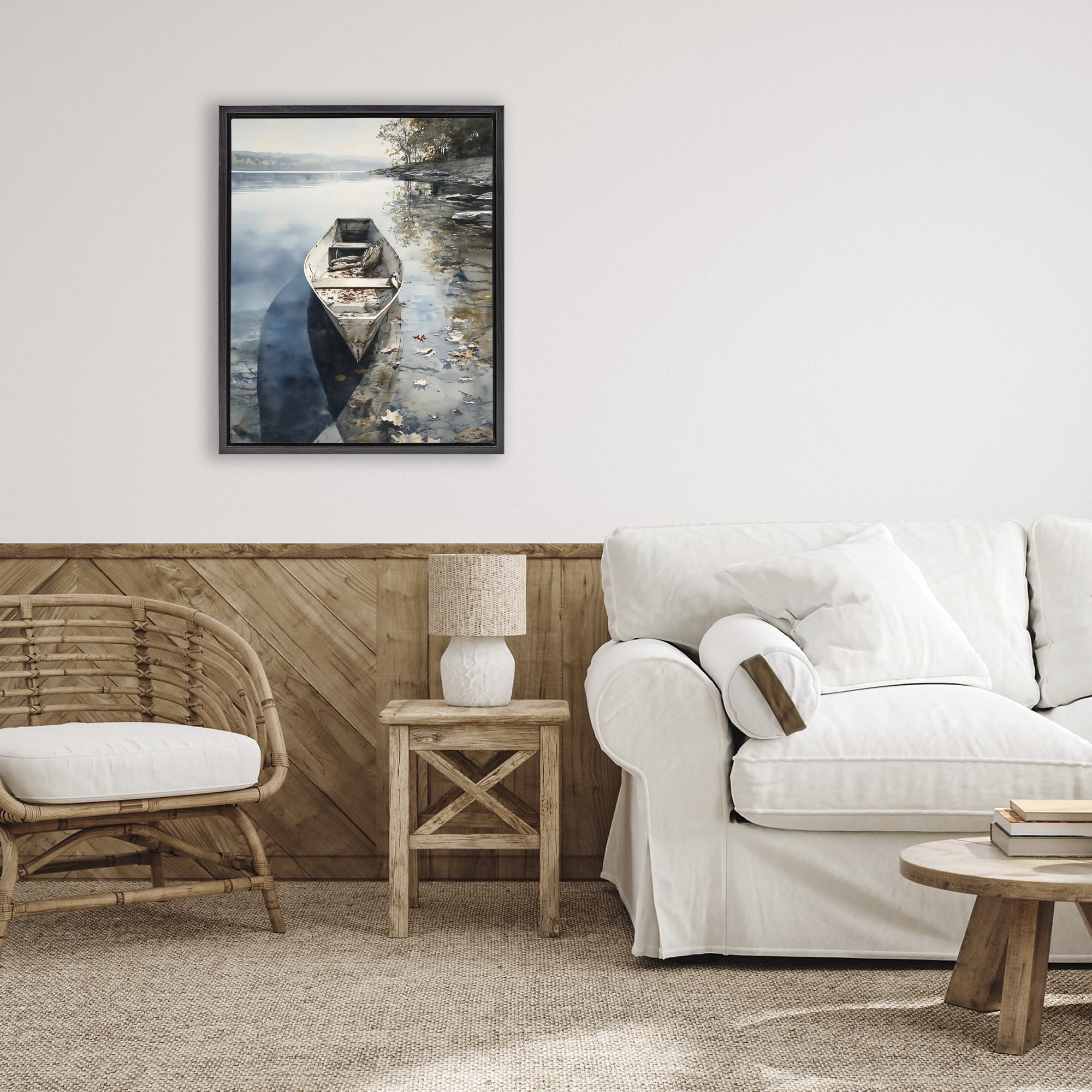 Stupell Industries Boat In The Fall Reflection Black Framed Floater Canvas Wall Art, design by Franklyn Gregory