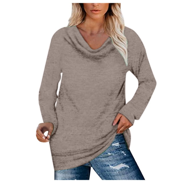 vdgthytj Going out Tops for Women Long Sleeve Ruched V Neck T Shirts Fall Plus Size Casual Loose Solid Color Tunics