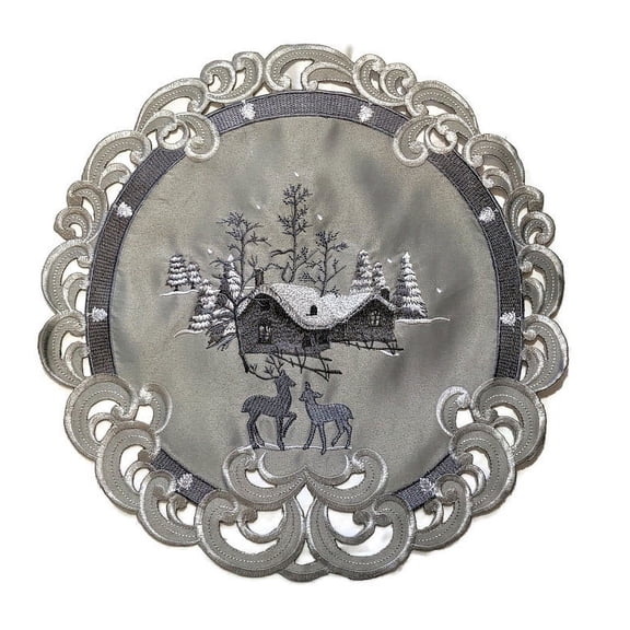 Doily Boutique Round Doily with Christmas Gray and Silver Reindeers on Fabric Size 11 inches