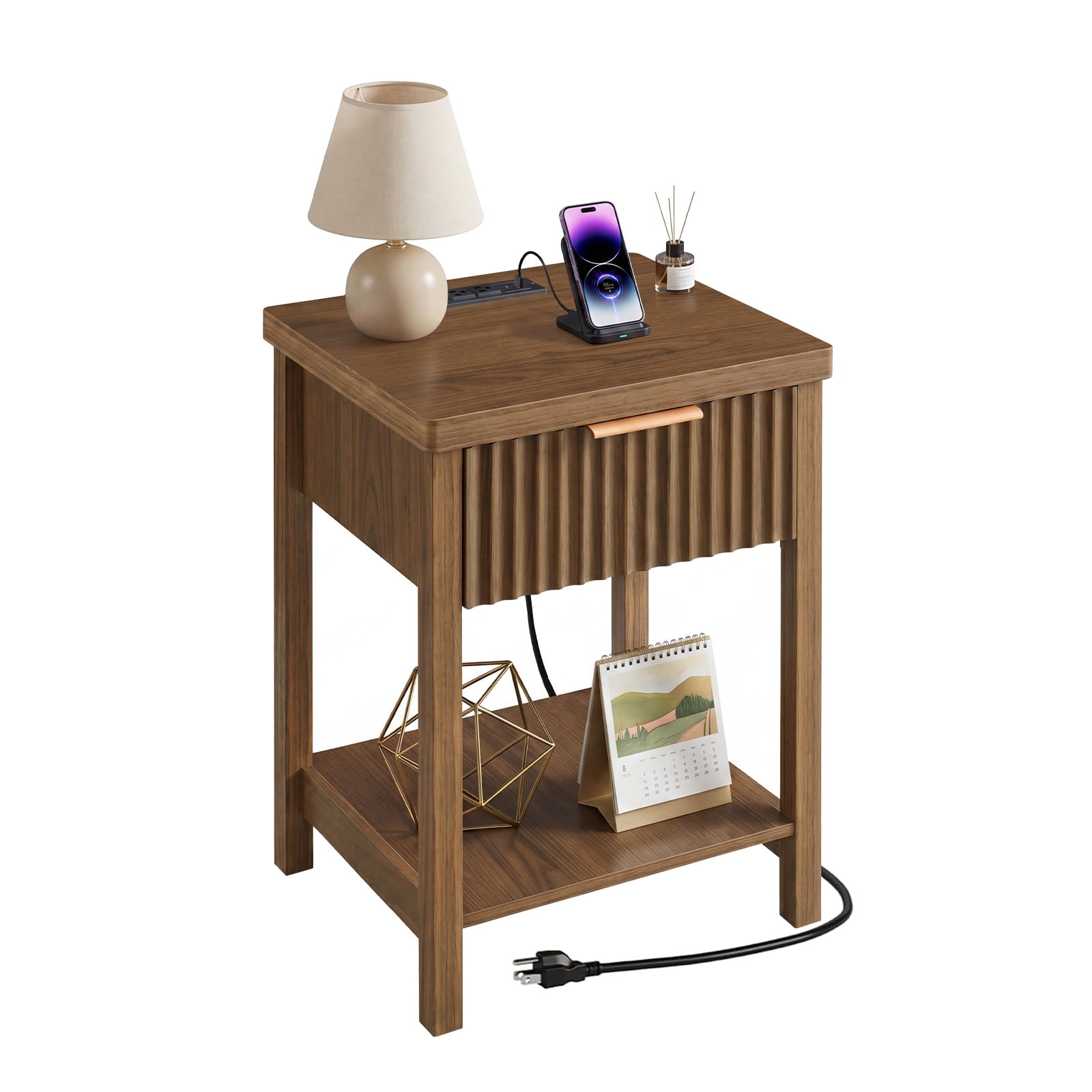 Hommoo Fluted Wood Nightstand Set of 2 with Built-in Charging Station, Storage Drawer & Open Shelf, Modern Bedside Table for Bedroom, Living Room & Small Spaces, Walnut