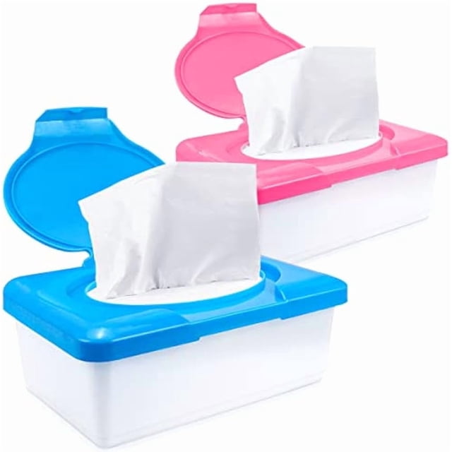 2PCS Baby Wipe Dispenser with Lid Tissue Case, Tissue Storage Box Keeps Baby Wipes Fresh and Safe Napkin Storage Box (Pink & Blue)