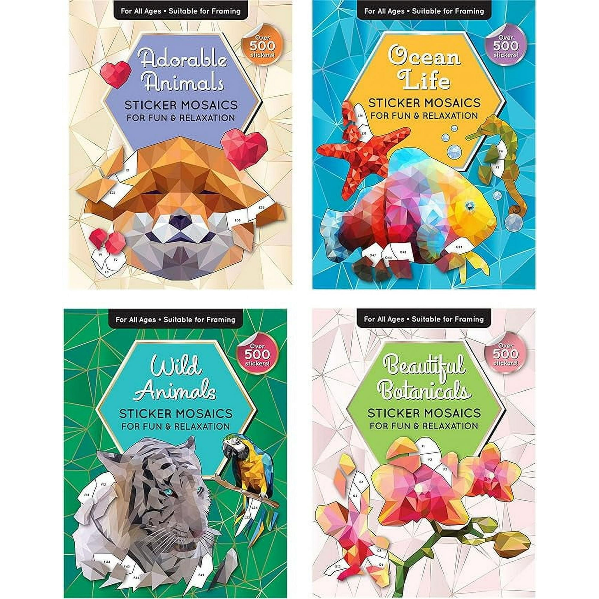 Sticker by Number Book Set for All Ages, Sticker Mosaics for Fun and Relaxation, Sticker Books for Adults Material Paper with Tear-Out Pages Featuring Animals, Ocean Life, and Plants (Set of 4 Books)
