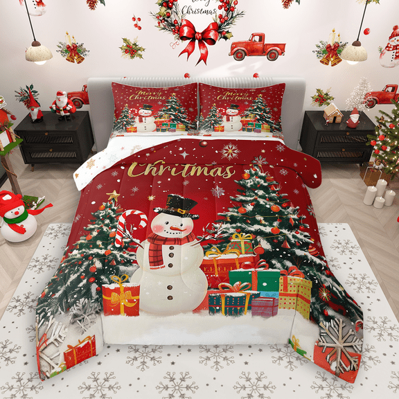 Manfei Kawaii Snowman Bedding Comforter Set 2pcs for Kids, Christmas Tree Gifts Twin Comforter Sets, Merry Xmas Bedding Set, Breathable Home Decor