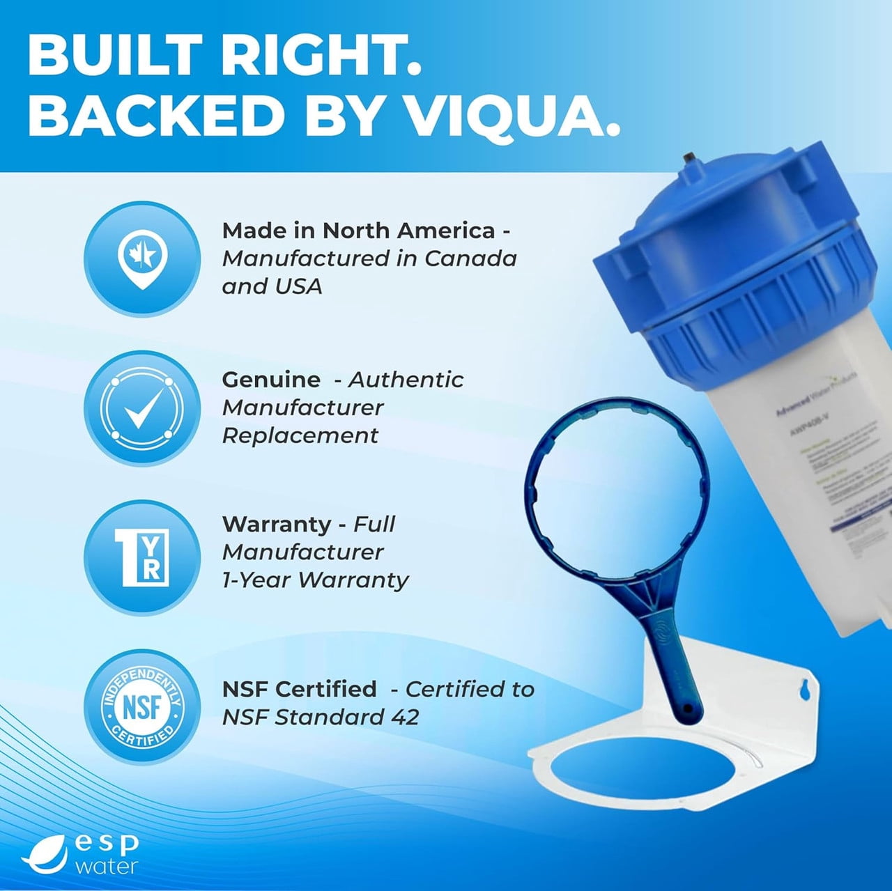 VIQUA AWP40B-V NSF 42 Certified 3-Piece High-Flow Whole House Pre-Filter Housing with Pressure Relief Valve, Mounting Bracket & Wrench 4.5 x 10 Inch, 1" FNPT, 20 GPM, UV Pre-Filtration
