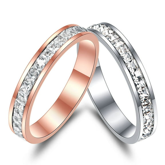 4mm 2pcs Women Silver Rose Gold Stainless Steel Ring Set Wedding Ring Small Square Zircon Titanium Steel Inlay Promise Ring Size 6-11