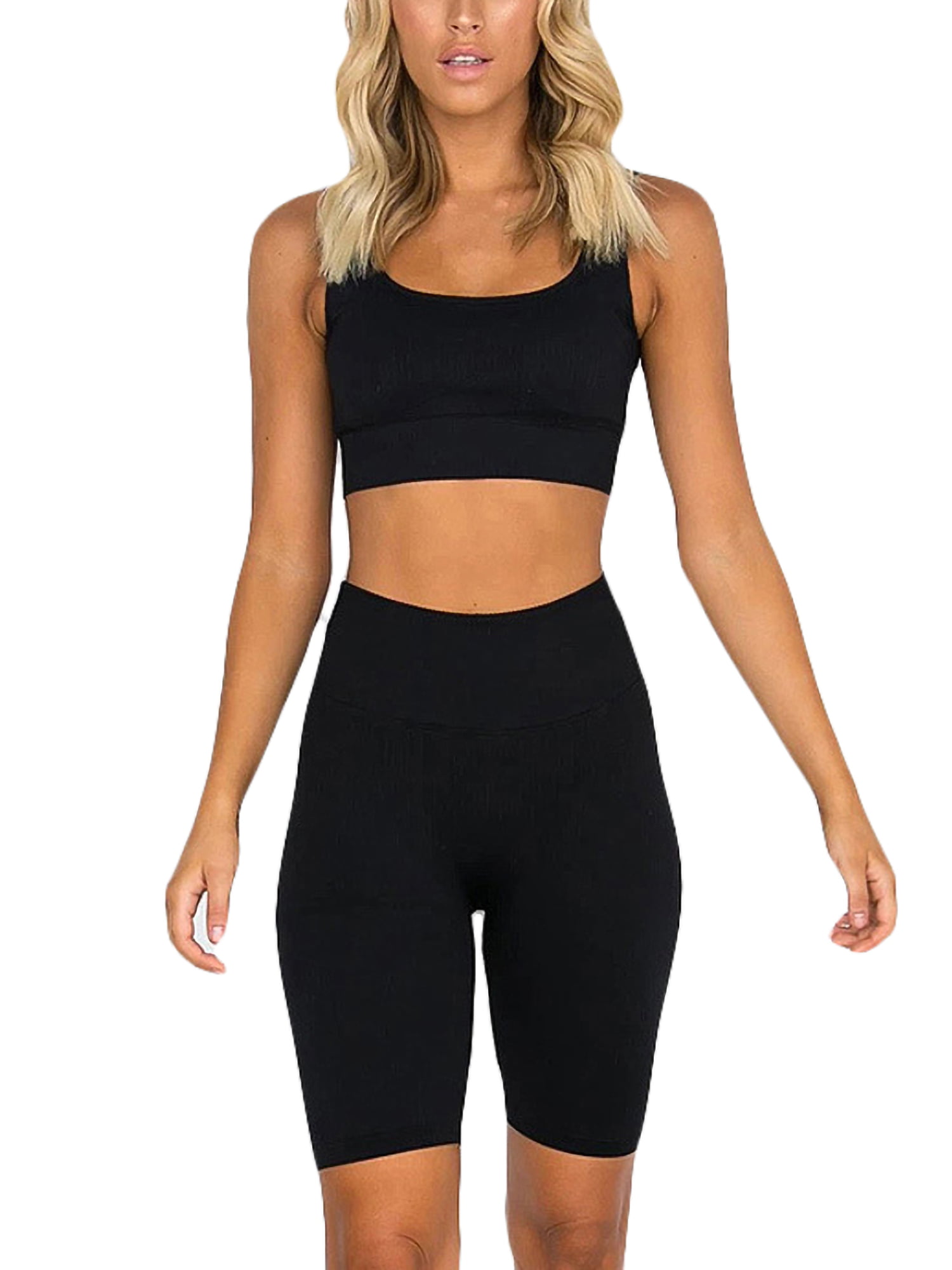 2PCS Women Sports Suit Crop Tops Yoga Pants Outfit Lady Workout Shorts Tracksuit 
