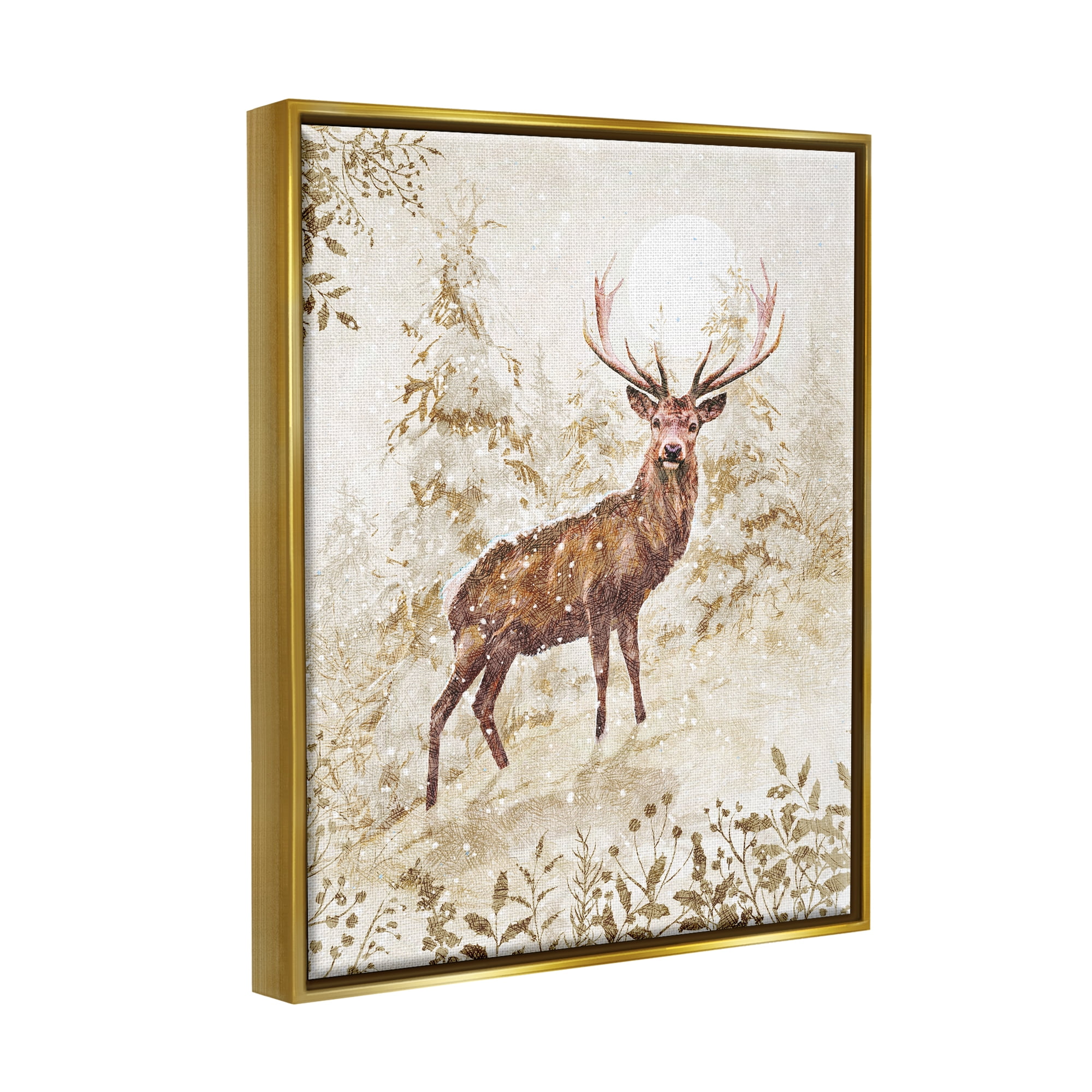 Stupell Industries Elk Snow Covered Forest Holiday Painting Gold Floater Framed Art Print Wall Art
