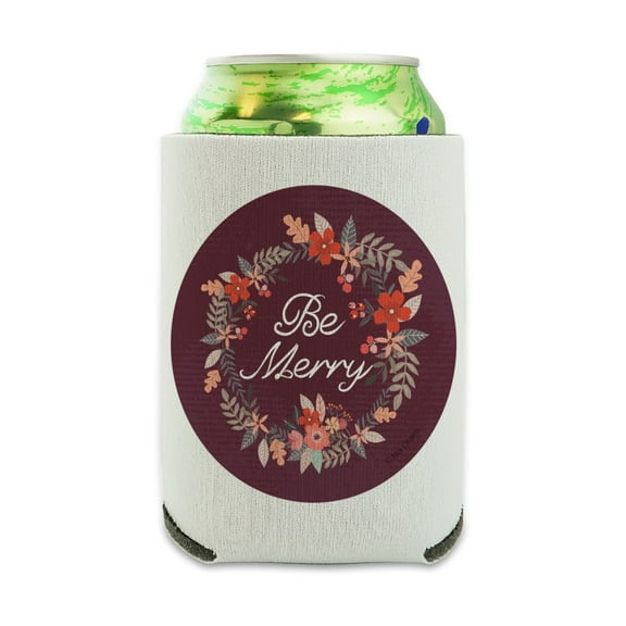 Be Merry Christmas Wreath Can Cooler - Drink Sleeve Hugger Collapsible Insulator - Beverage Insulated Holder