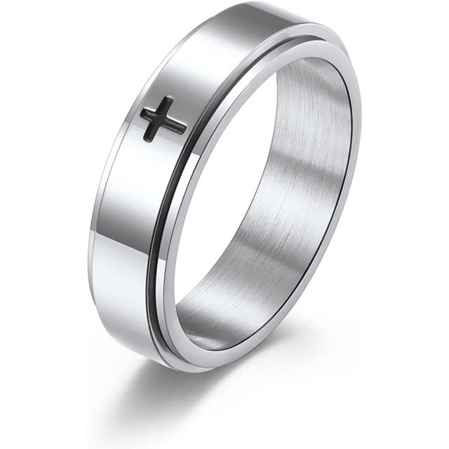 ORUYROP 6mm/8mm Titanium Steel Black/Silver/Gold Fidget Ring Engraved Small Cross Stainless Steel Spinner Rings Stress Relieving Anxiety Ring Engagement Wedding Promise Band for Women Men Boys