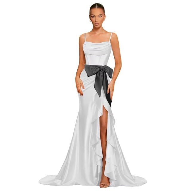 Vestido de fiesta Dessiny, satén blanco y negro, tirantes finos, 2025