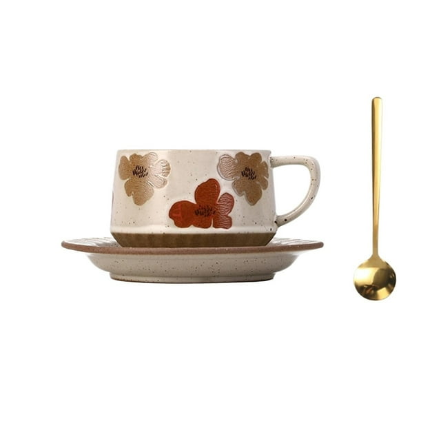 Juego de taza de café vintage floral de cerámica con leche, té, platillo y cuchara