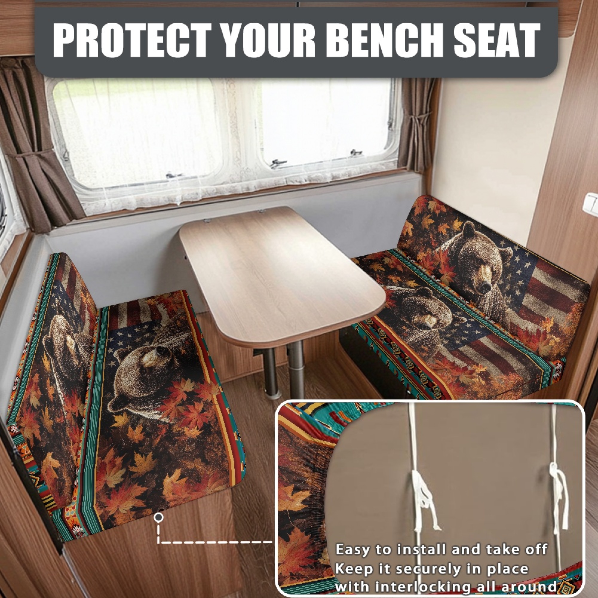 FOR U DESIGNS Bear Maple Leaf Geometric Pattern 2 Pcs RV Dinette Cushion Covers Replacement RV Dinette Booth Seats Cover Elastic Sofa Chair Cover Furniture Protector for RV Camper Car Bench