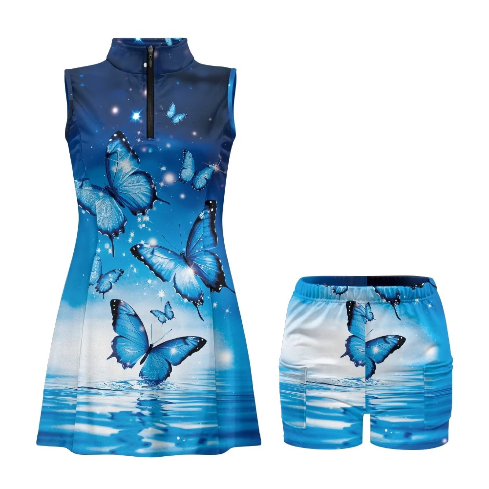 Yuyamidu Blue Butterfly Womens Golf Dress Build in Shorts with Pockets Sports Activewear Dress Sleeveless Summer Outfits Trendy Moisture Wicking Womens Athletic Clothing Sets Size XS