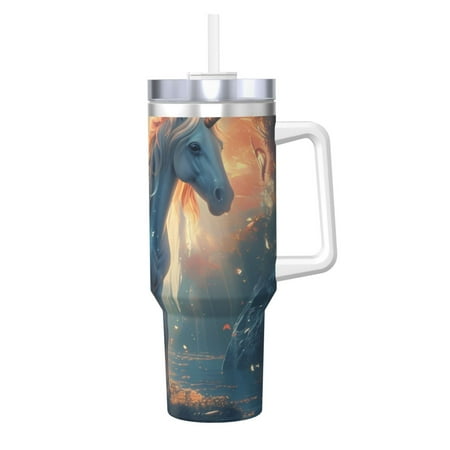 

Uemuo Forest Lake White Horse Print 40oz Ice Bully With Handle And Straw Stainless Steel Vacuum Insulated Cup And 2 In 1 Straw Lid Insulated Travel Tumbler