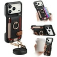 thumbnail image 2 of For iPhone 17 Pro Phone Case,With 360° Rotatable Ring Kickstand,Detachable Long Shoulder Strap,Card Slots,Shockproof Anti-fall PU Leather Anti-Scratch Back,Durable Wallet Phone Case,Black, 2 of 9