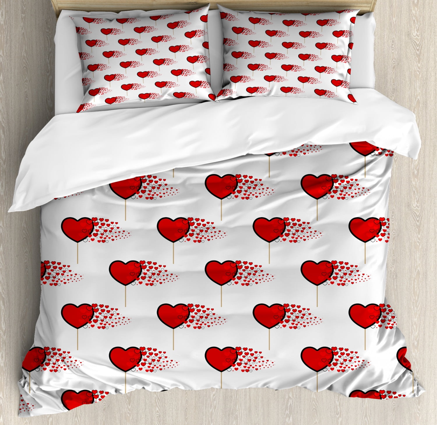 Valentine's Day Duvet Cover Set Queen Size, Abstract Hearts Lollipops