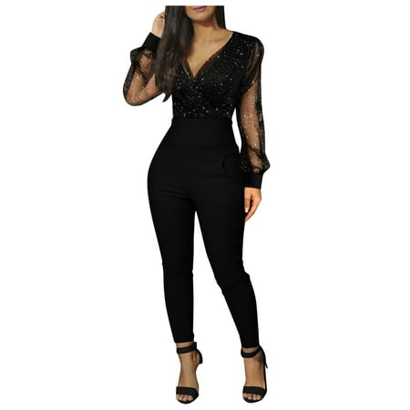 

Roy&Chaney Women s Fashion V-neck Romper Bodysuit Sequined Mesh Rompers Long Sleeve Pocket Long Jumpsuit Bodycon clubwear