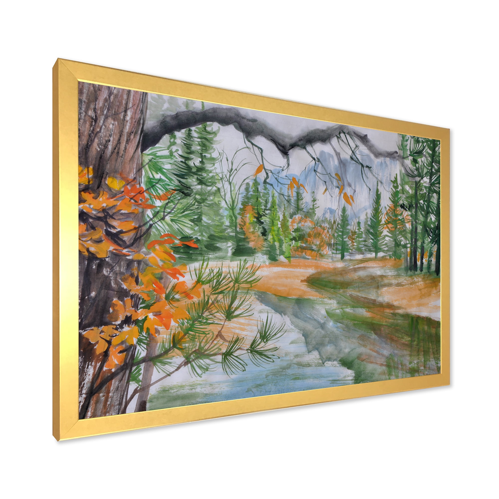 Designart 'Trees With River In Autumn Forest' Lake House Framed Art Print