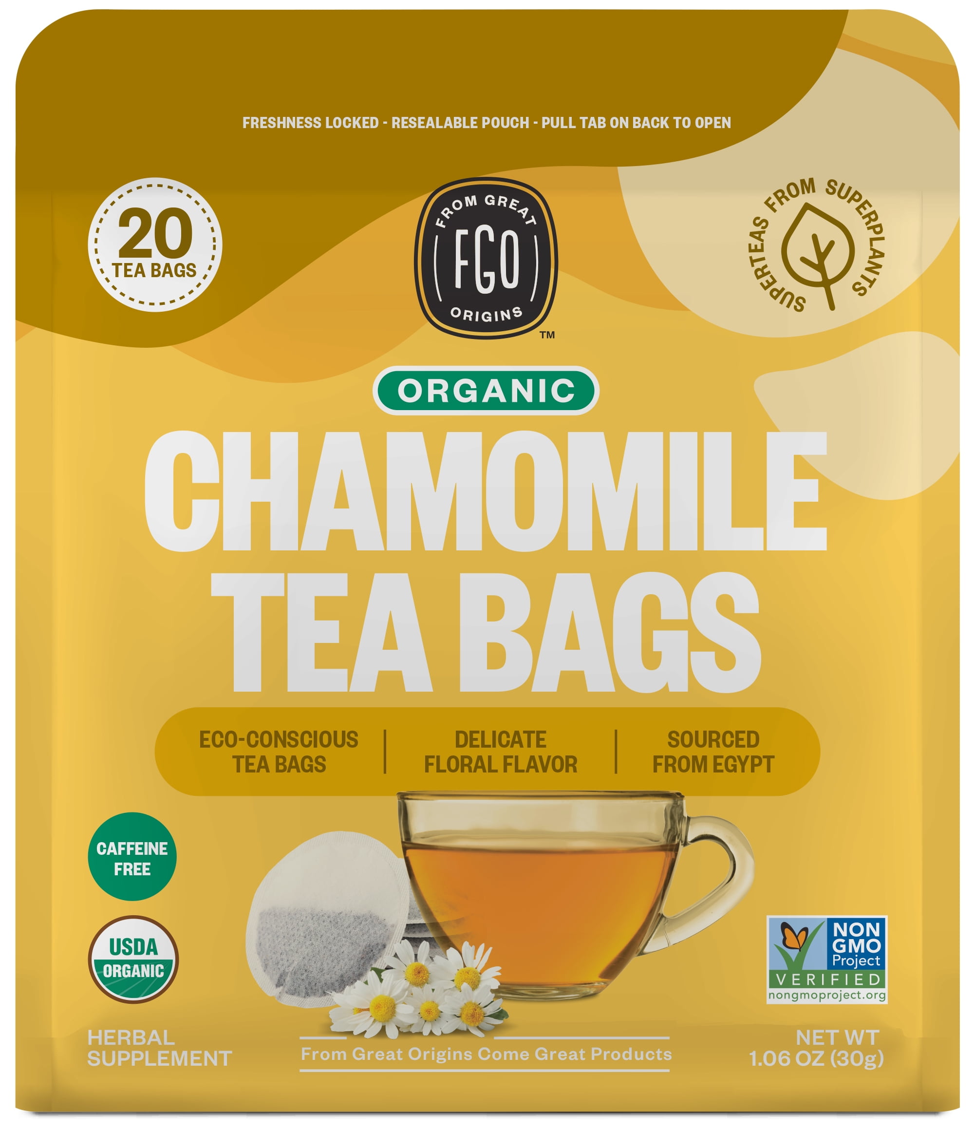 FGO From Great Origins, Chamomile Herbal Tea, Organic Tea Bags, 20 Count, 1.06 oz (30g)