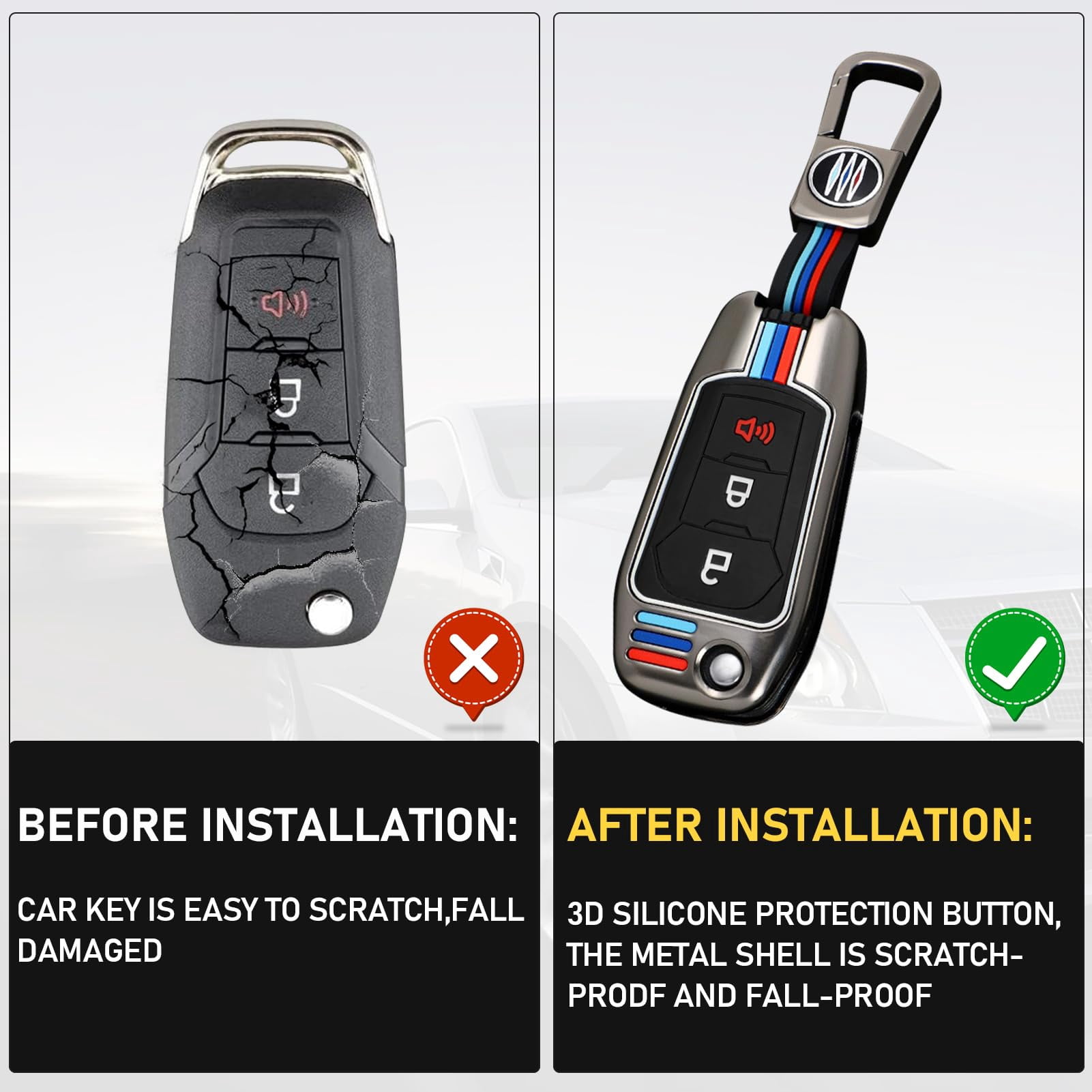 Compatible with Ford Key Fob Cover 3 Buttons,2018-2024 F150 F250 F350 2019-2024 Ranger 2022-2024 Maverick Key Fob Case Shell,Metal Shell & Soft Silicone Protection(Grey)