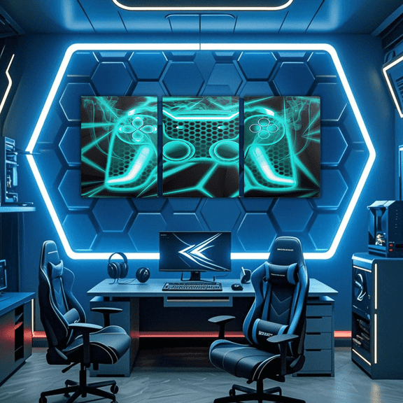 Erosebridal Gamer Gaming Paintings Wall Decor Framed, Cyan Blue Gamepad Wall Hanging Decor Bedroom, Geometry Gradient Lines Wall Decorations for Living Room, Luxury Living Room Decorative