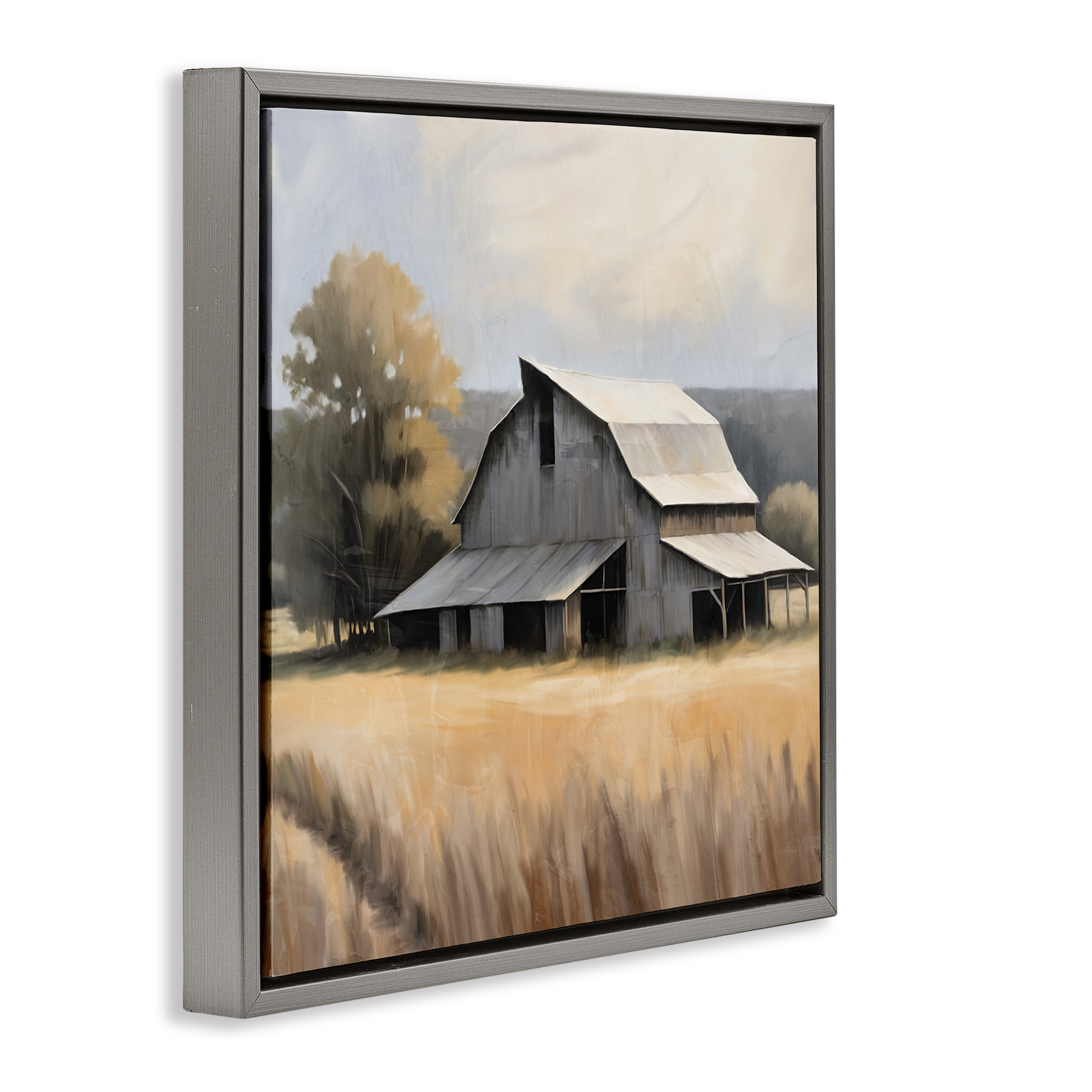 Stupell Industries Peaceful Barn in Field Landscape Painting Gray Floater Framed Canvas Art Print Wall Art, 25 x 25