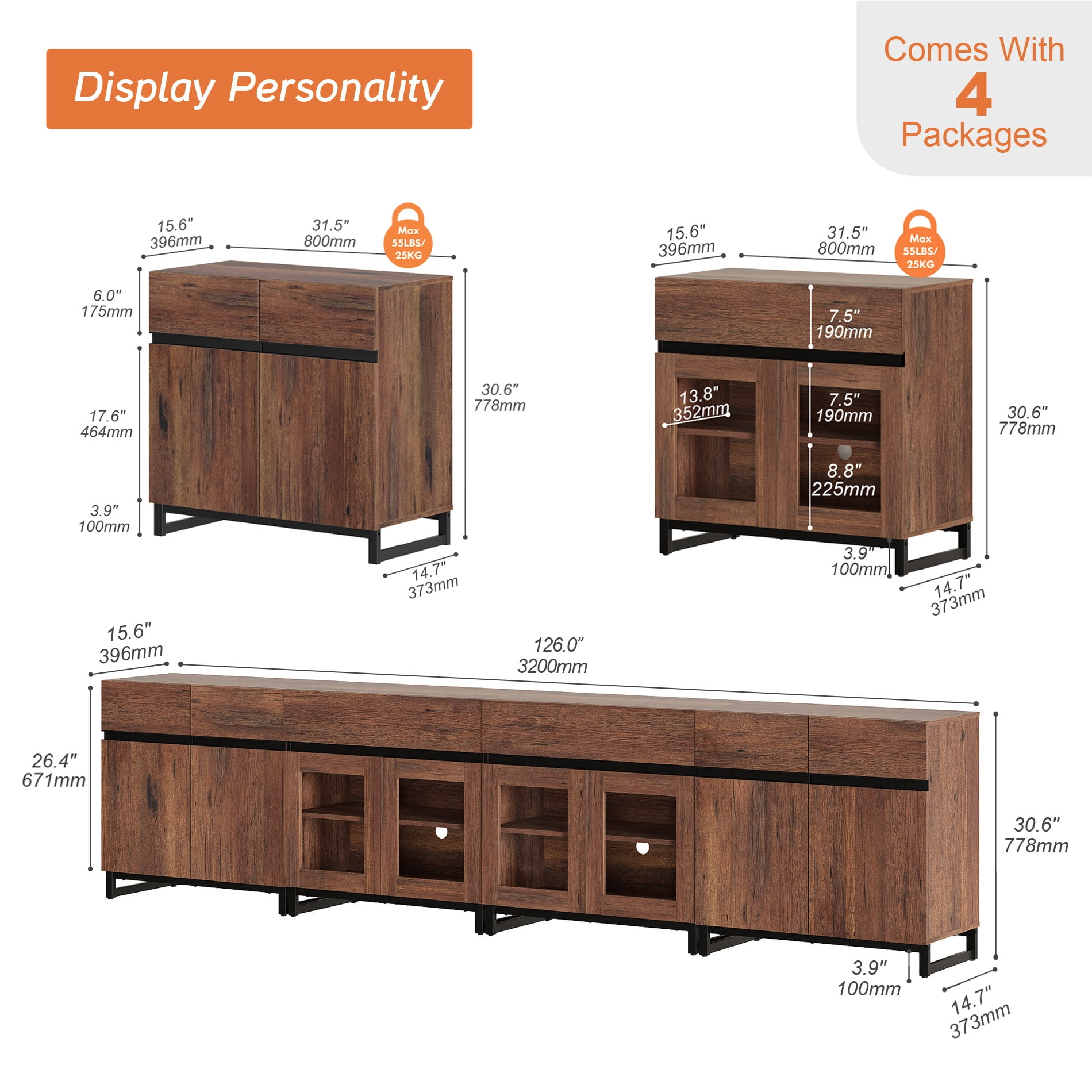 4 In 1 Sideboard Buffet Cabinets With Glass Doors And 2 Drawers, Modern Sideboard Credenza With Adjustable Shelf And Metal Base,Cabinet Storage Cabinet,Brown