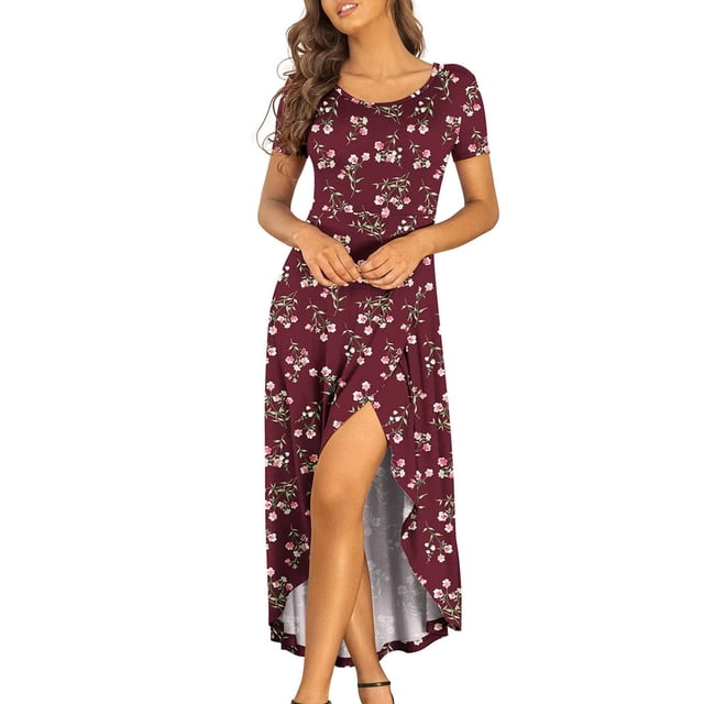 SMihono Robe Bohème d'Été pour Femmes Grande Taille Robes d'Été pour Femmes Robe à Manches Courtes Décontractée Fluide Asymétrique Longue Robe Maxi
