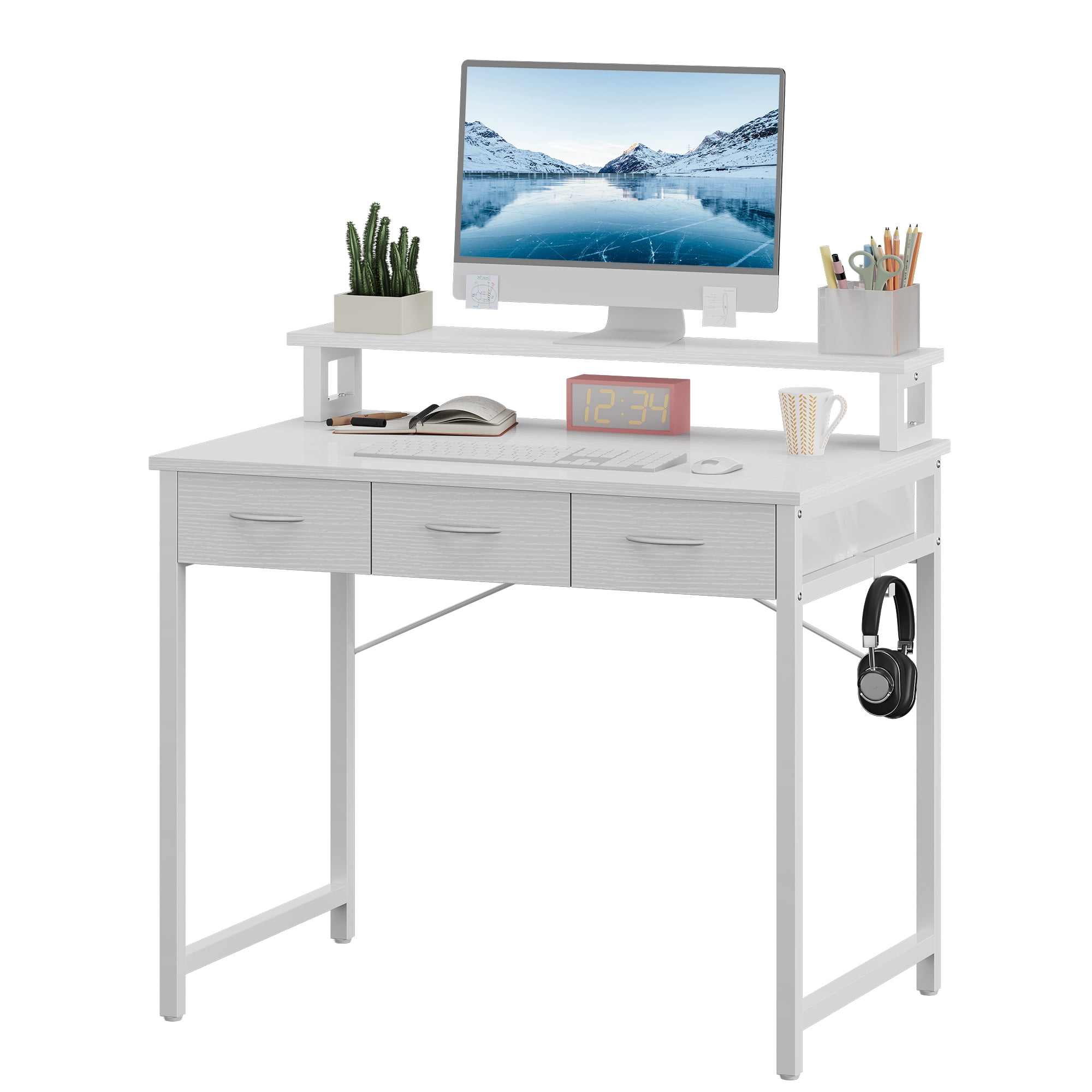 Uforic 31" Computer Desk with Monitor Stand & 3 Drawers, Modern Small Study Desk with Hooks , Home Office Desk Writing Desk for Small Space,Living Bedroom, Gaming, White