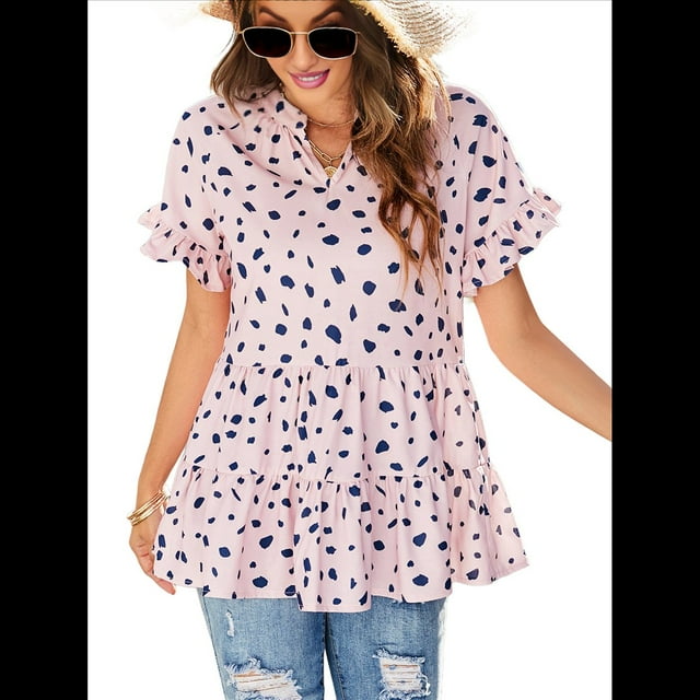 Blusas Bohemias de con Cuello en V, Corta, Fruncidas y Estampados Al Azar para Mujer, Estilo Casual, Color Rosa, Talla XL