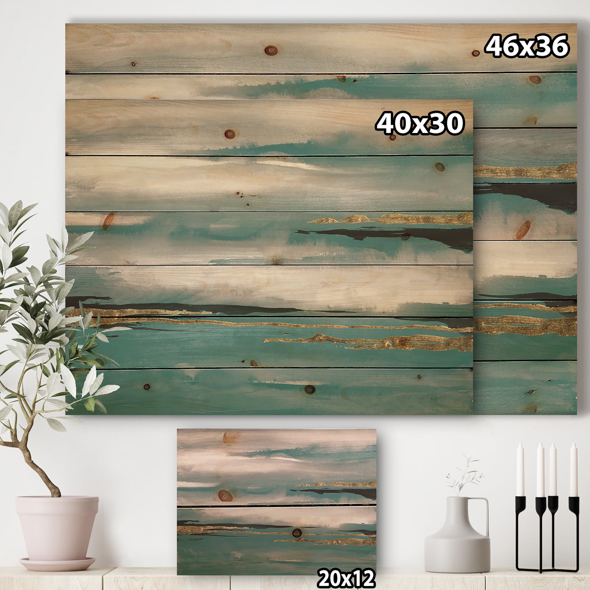 Designart 'Abstract Glam Teal Watercolor II' Modern & Contemporary Print on Natural Pine Wood