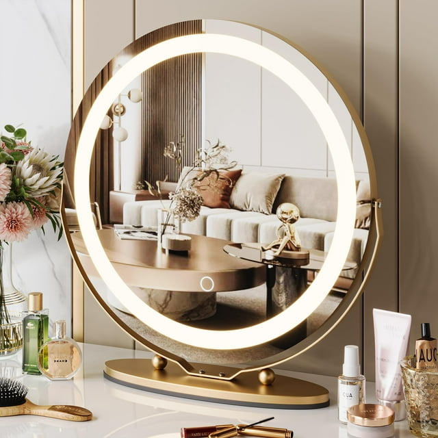 19 Inch Large Round Vanity Mirror with Lights, Round Led Makeup Mirror, Lighted Up Makeup Mirror with Lights for Bedroom Tabletop, Smart Touch Control 3 Colors Dimmable, 360°Rotation (White)