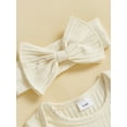 thumbnail image 6 of Nygoyerh Newborn Girls Fall Romper Solid Color Ribbed Ruffled Long Sleeve Crew Neck Full Length Jumpsuit with Bow Headband Sets 0M 3M 6M 9M, 6 of 7