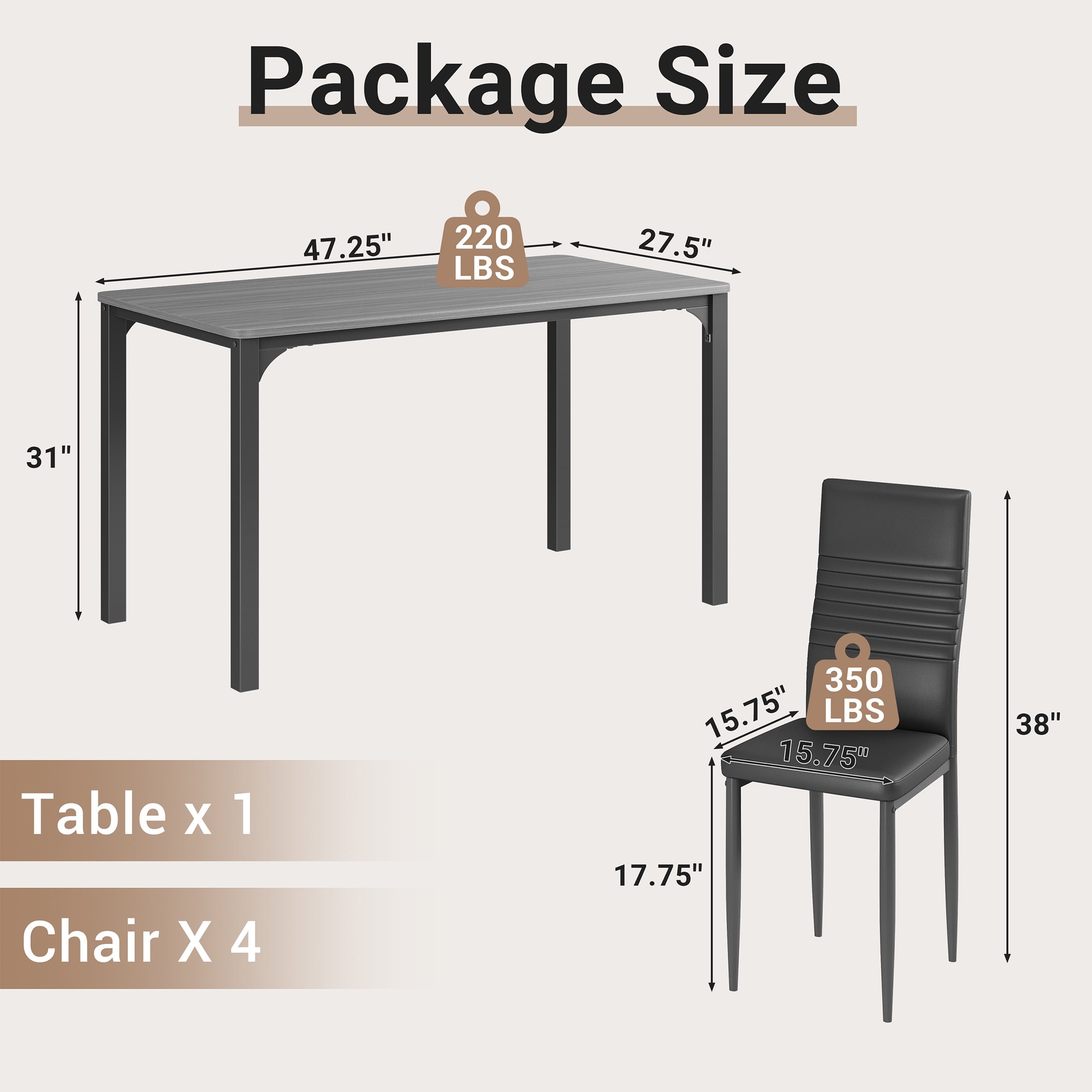 PORKISS 5 Piece Dining Set, Dining Table and Chairs Set for 4, Rectangle Kitchen Dining Table Set with 4 Upholstered Chairs, for Small Space, Breakfast Nook, Gray