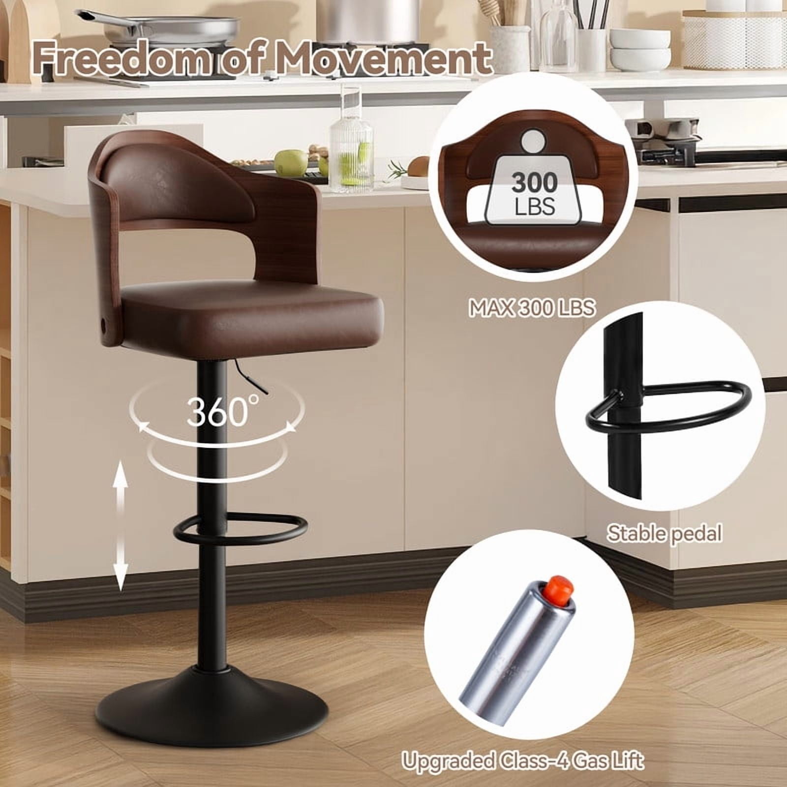 Daluvenix Swivel Bar Stools Set of 4, Wooden Kitchen Bar Chairs with Back, PU Leather Counter Height Barstools for Kitchen Island, Brown