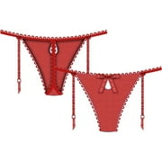 Necessary Objects Temptress Keyhole G-String Panty with Garters, Medium, Red