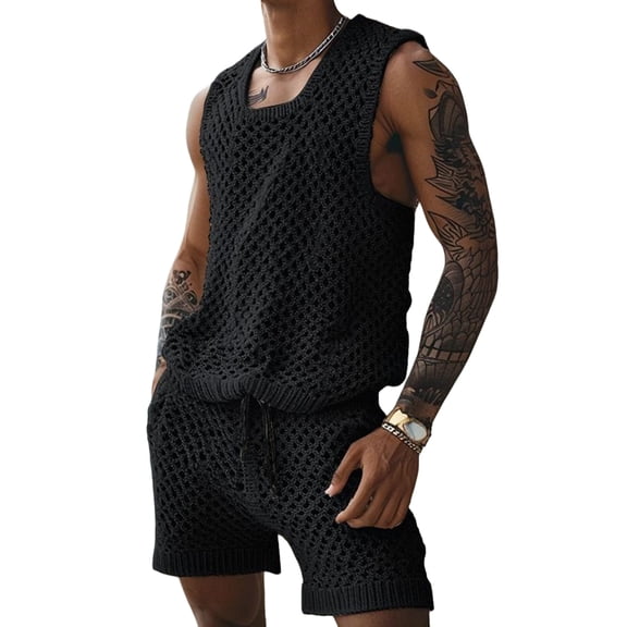 Men Crochet 2 Piece Outfits Mesh Sheer Tank and Shorts Summer Fishnet Shorts Set for Beach Casual Black XXXL