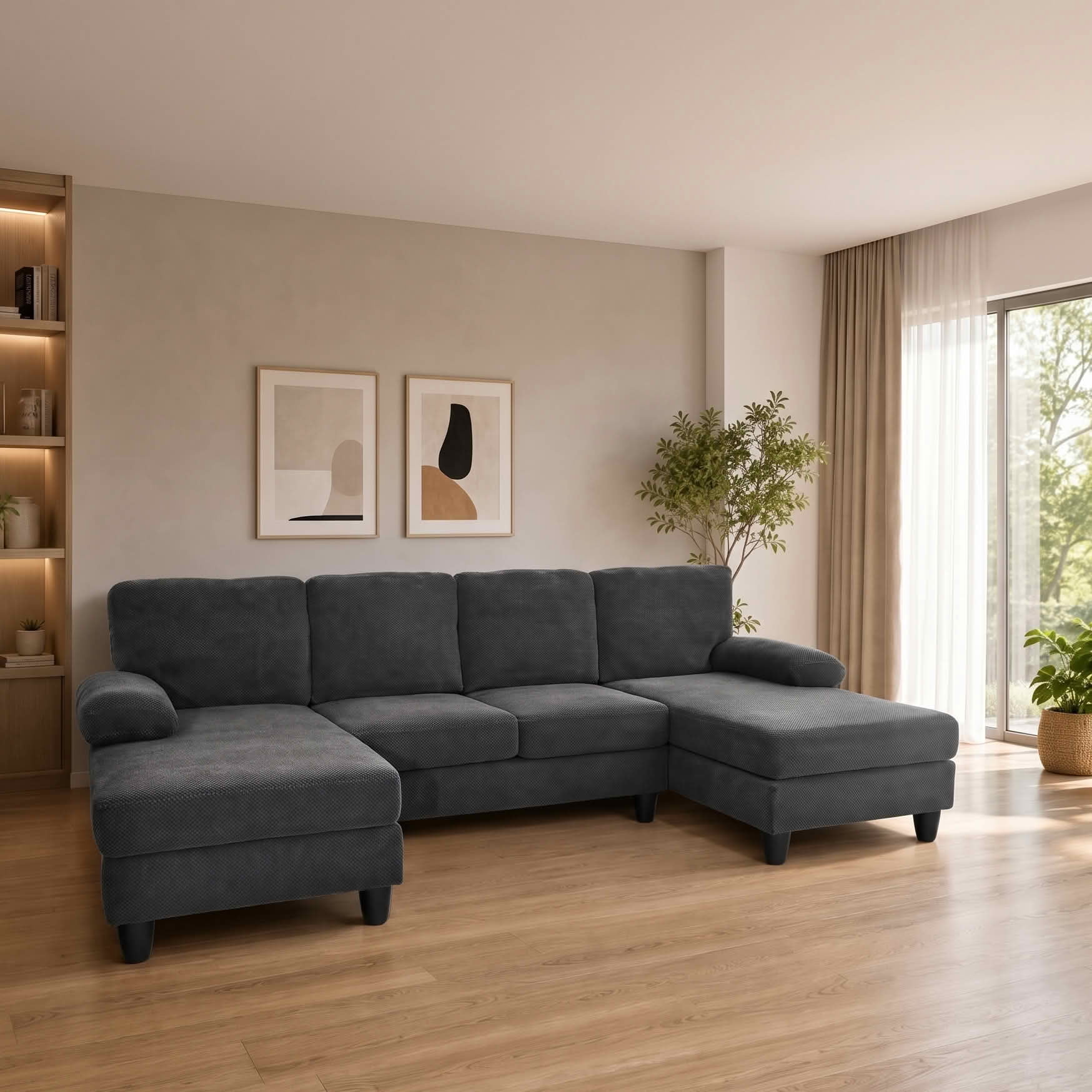 MAYEERTY 104" U‑Shaped Sectional Sofa, Nubby Textured Upholstery Couch with Dual Chaise & Plush Upholstered Armrests, Modern Living Room Furniture