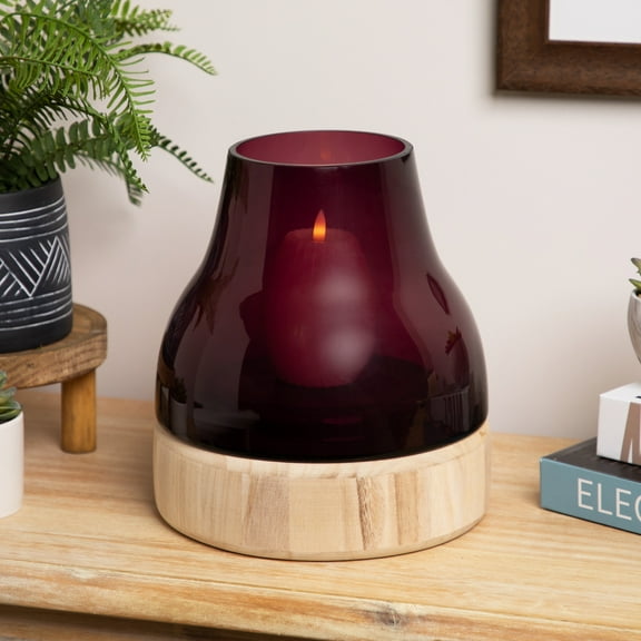 Northlight Glass Hurricance Candle Holder with Wooden Base - 9.75" - Merlot