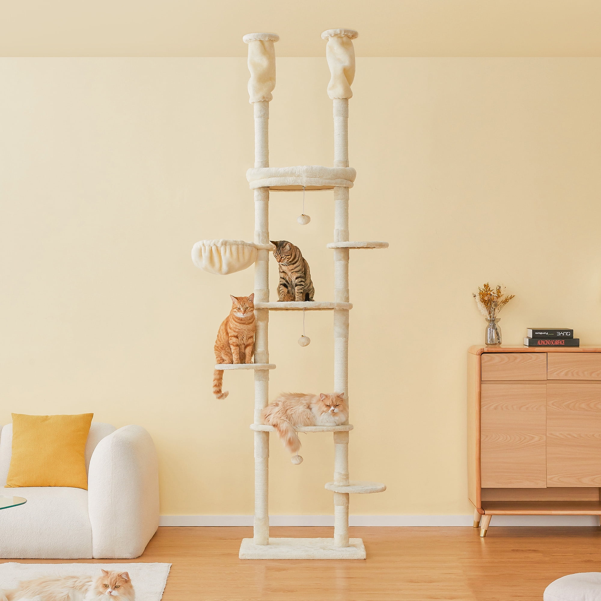 Furcato 92.1"-101.6" Adjustable Height Cat Tree, Floor to Ceiling Cat Tower, 7 Tiers Cat Climbing Tree with Hammock, Beige