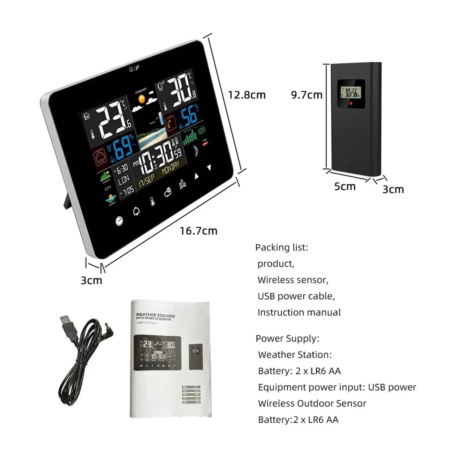 Touch Screen Weather Station with Sunrise Sunset Display, Wireless Monitor