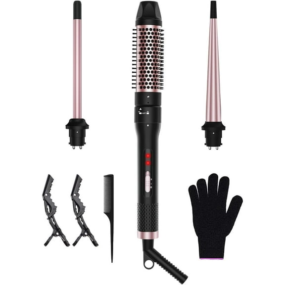 3-in-1 Curling Iron with Thermal Brush, Curling Wand Set with 3 Interchangeable Ceramic Barrels (0.5/1.0/1.25 inch), Dual Voltage, 30s Fast Heat, Includes Glove, Clips & Gift Box