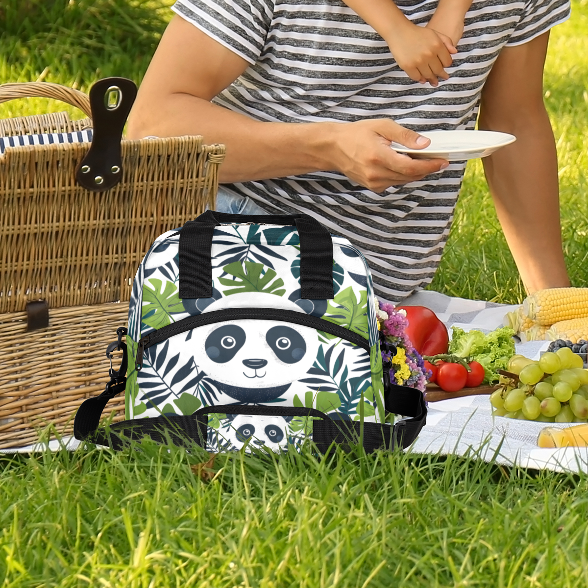 Herdesigns Cute Panda Insulated Lunch Bag for Women Men Adults Large Reusable Lunch Box Green Leaves Leakproof Cooler Tote Bags with Adjustable Shoulder Strap