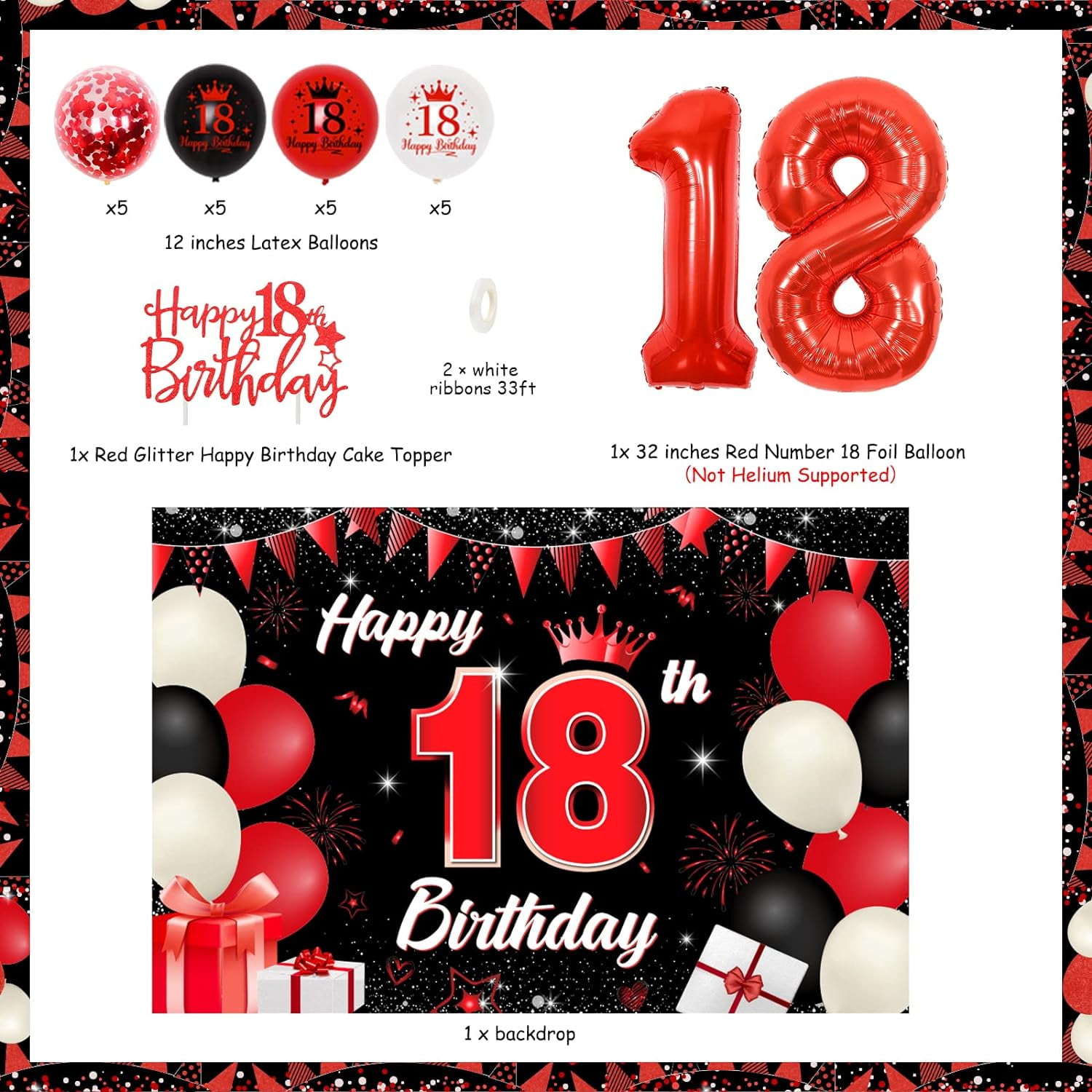 Black and red decorations for boys and girls' 18th birthdays, background for boys and girls' 18th birthday cake and balloons