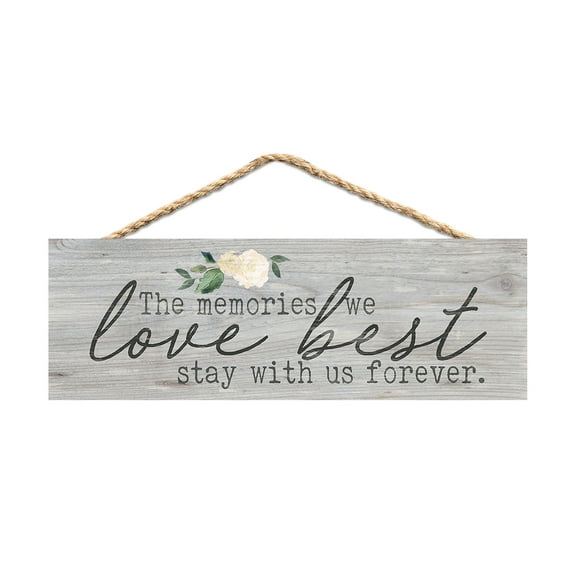 Memories Love Best Forever Floral Grey 10 x 3.5 Inch Pine Wood Slat Hanging Wall Sign